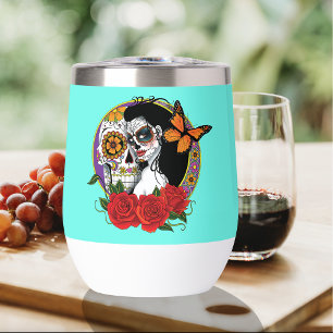 Elegant Sugar Skulls Monarch Red Roses Art Nouveau Thermal Wine Tumbler