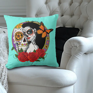 Elegant Sugar Skulls Monarch Red Roses Art Nouveau Throw Pillow
