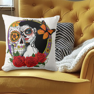 Elegant Sugar Skulls Monarch Red Roses Art Nouveau Throw Pillow