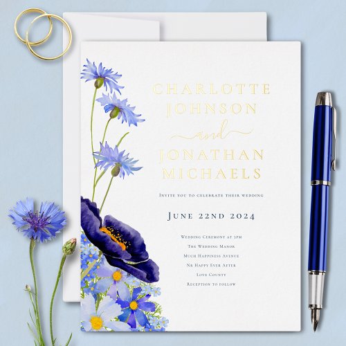 Elegant Summer Floral Blue and Gold Foil Invitation Postcard