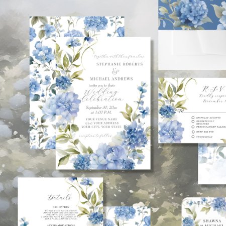 Elegant Summer Floral Blue And White Wedding Invitation