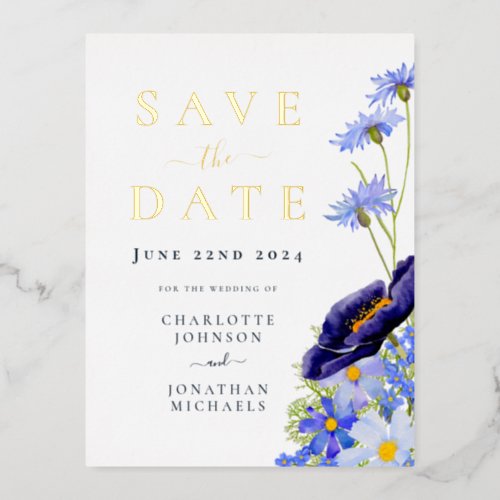Elegant Summer Floral Blue Gold Wedding Foil Invitation Postcard