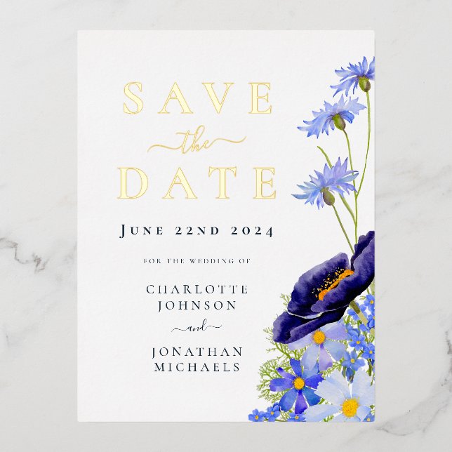 Elegant Summer Floral Blue Gold Wedding Foil Invitation Postcard (Front)