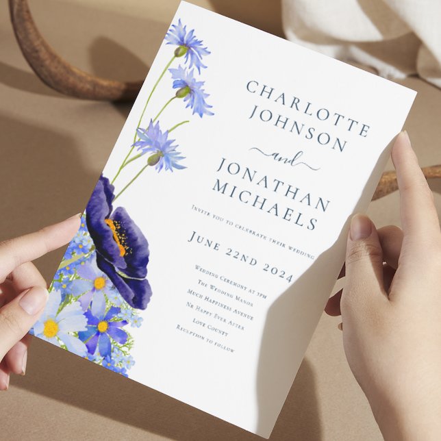Elegant Summer Floral Blue Invitation (watercolor wildflowers blue summer floral wedding invitation with elegant typography script)