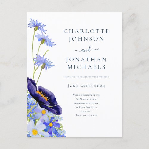 Elegant Summer Floral Blue  Invitation Postcard