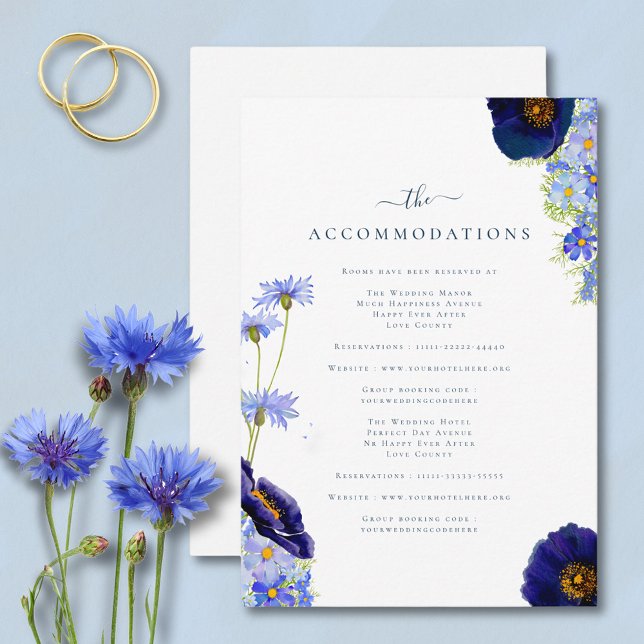 Elegant Summer Floral Blue Wedding Accommodations  Enclosure Card (Modern blue summer floral wedding invitation accommodations enclosure card)