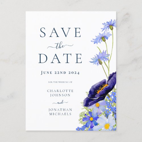 Elegant Summer Floral Blue Wedding Invitation Postcard