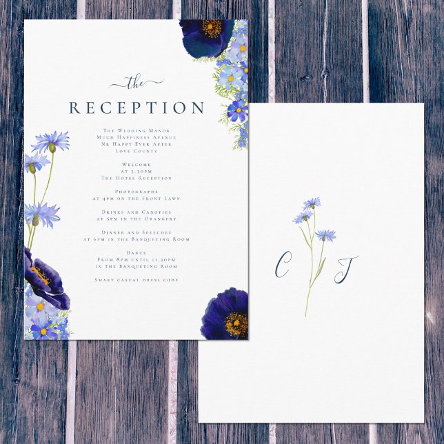 Elegant Summer Floral Blue Wedding Reception Enclosure Card (Beautiful hand painted spring and summer florals including wildflowers by artist Catherine Sweetman )