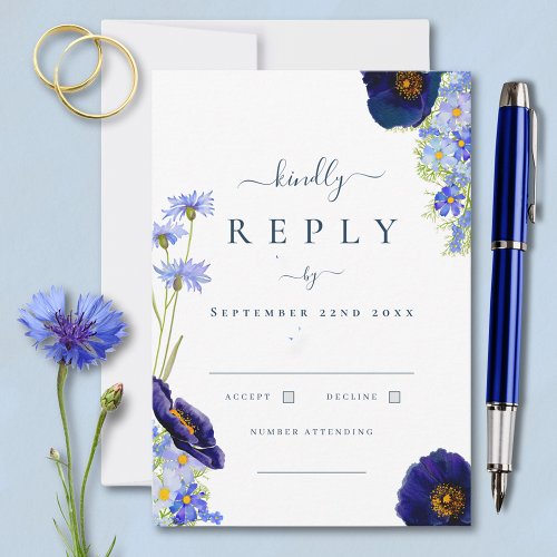 Elegant Summer Floral Blue Wedding Reply RSVP Card