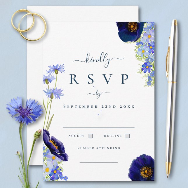 Elegant Summer Floral Blue Wedding Response (Elegant blue summer floral  watercolor wildflower wedding response rsvp card with modern typography )