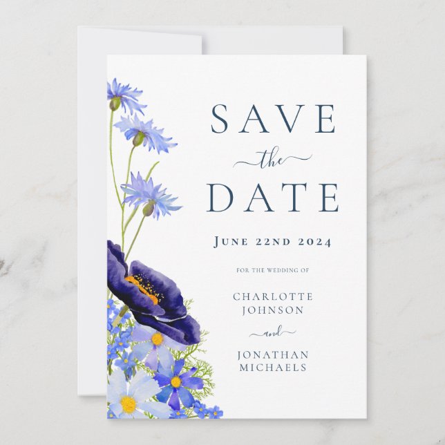 Elegant Summer Floral Blue Wedding Save The Date (Front)