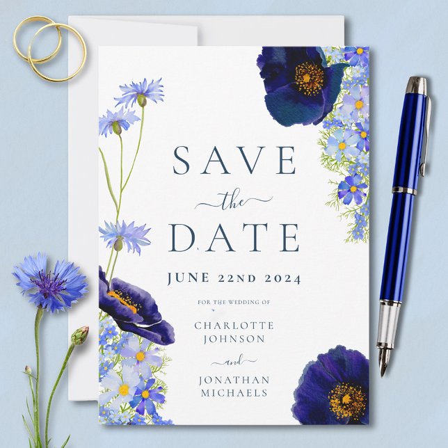 Elegant Summer Floral Blue Wedding Save The Date (Elegant blue floral wedding save the date invitation with stylish typography )