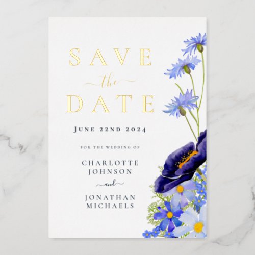 Elegant Summer Floral Gold Blue Wedding Foil Invitation
