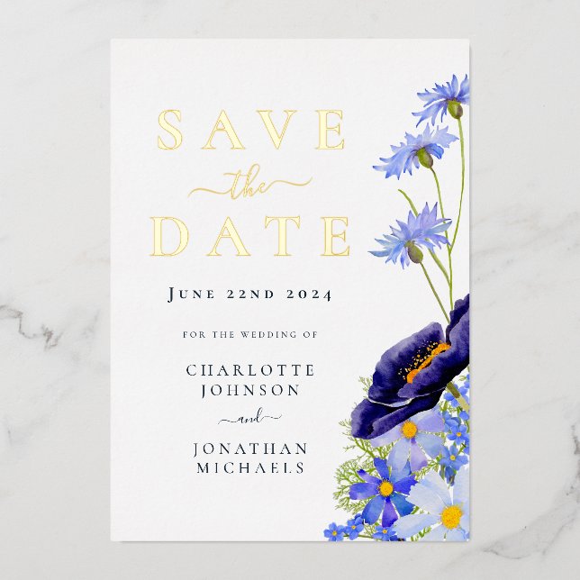 Elegant Summer Floral Gold Blue Wedding Foil Invitation (Front)