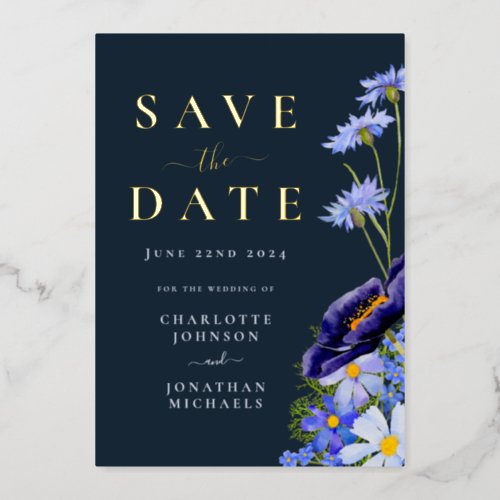 Elegant Summer Floral Gold Blue Wedding Foil Invitation