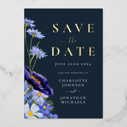 Elegant Summer Floral Gold Navy Blue Wedding Foil Invitation