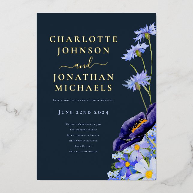 Elegant Summer Floral Navy Blue and Gold Foil Invitation (Front)