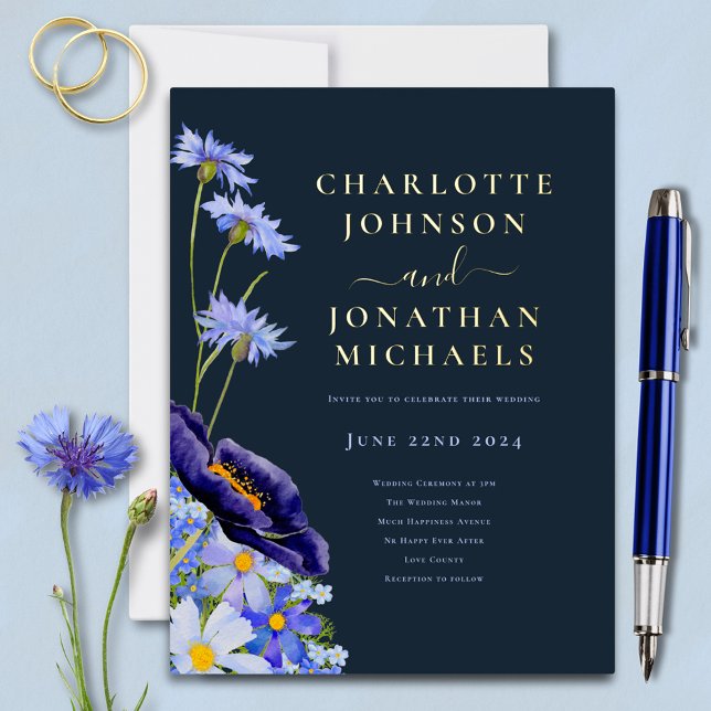 Elegant Summer Floral Navy Blue and Gold Foil Invitation Postcard (Modern wildflower blue floral navy blue and gold foil budget wedding invitation postcard)