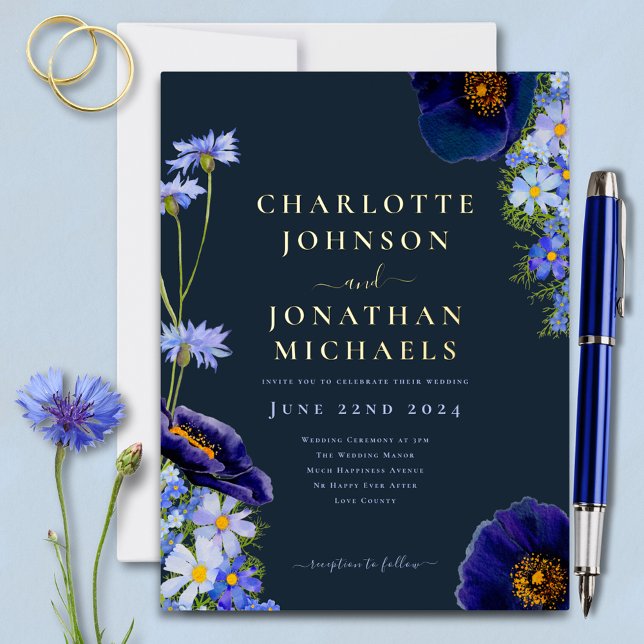 Elegant Summer Floral Navy Blue and Gold Foil Invitation Postcard (Elegant blue wildflower and gold foil wedding invitation postcard boho chic watercolor floral)