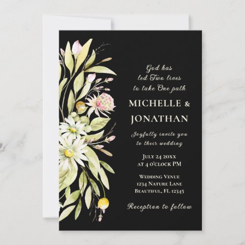 Elegant Summer Floral on Black Christian Wedding Invitation