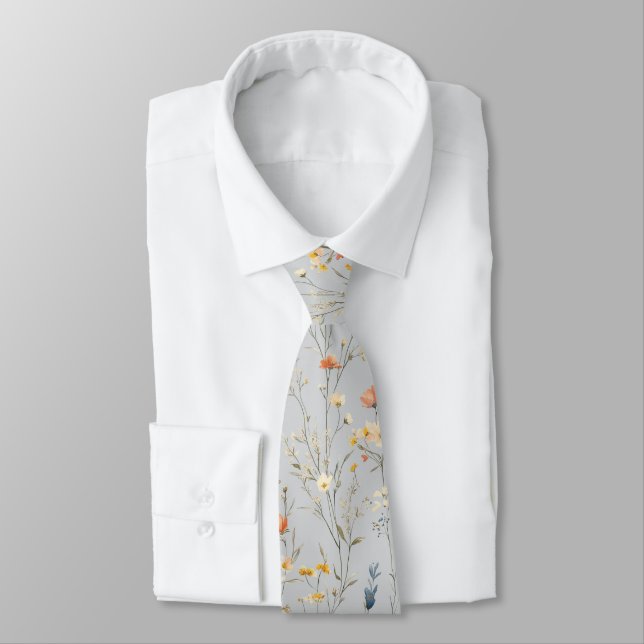 Elegant Summer Floral on Light Gray Neck Tie (Tied)