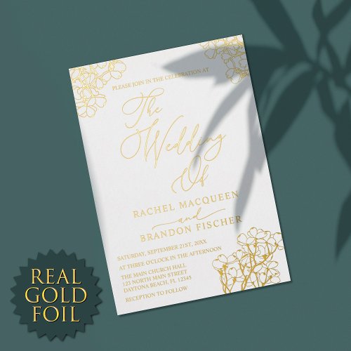 Elegant Summer Floral White Wedding Real Gold Foil Invitation