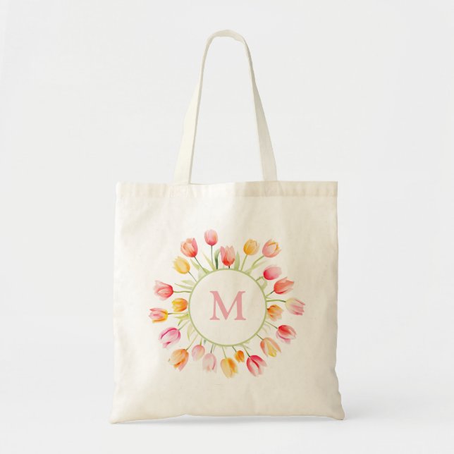 Elegant Summer Flower Tulip Pink Red Monogram Tote Bag (Front)