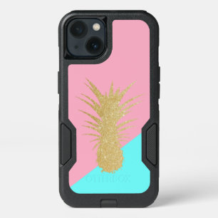 elegant summer gold glitter pineapple pink mint iPhone 13 case