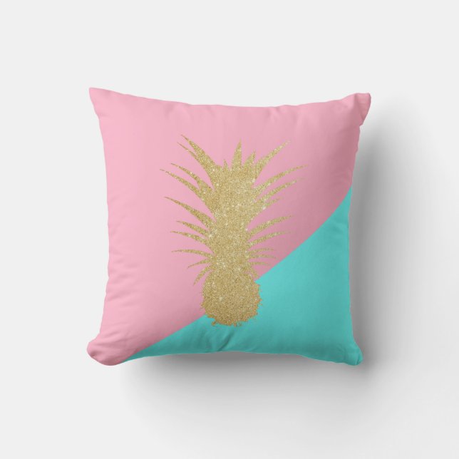 elegant summer gold glitter pineapple pink mint throw pillow (Front)