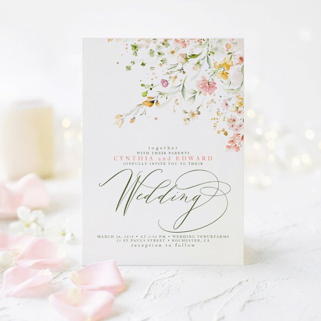 Elegant Summer Meadow Wildflowers Boho Wedding Invitation (Soft Wildflowers Wedding Invitations)