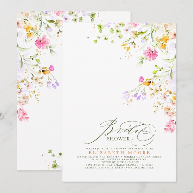 Elegant Summer Meadow Wildflowers Bridal Shower 2 Invitation (Front/Back)