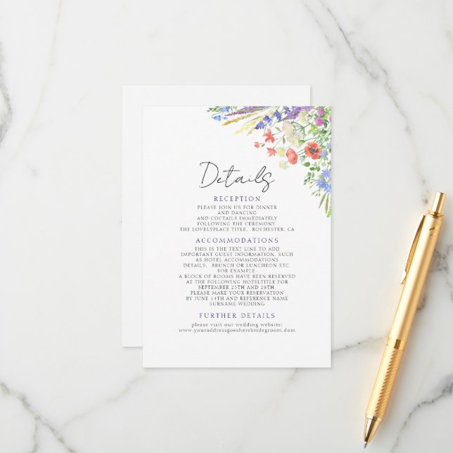 Elegant Summer Meadow Wildflowers Wedding Enclosure Card (Front/Back In Situ)