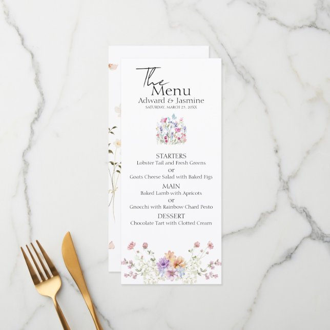 Elegant Summer Meadow Wildflowers Wedding Menu (Front/Back In Situ)