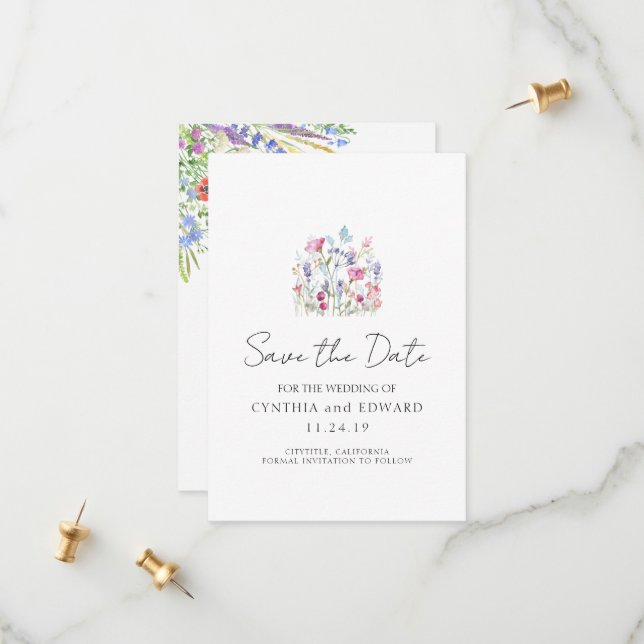 Elegant Summer Meadow Wildflowers Wedding Save The Date (Front/Back In Situ)