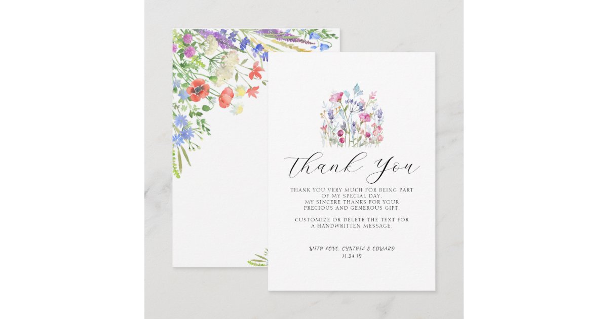 Elegant Summer Meadow Wildflowers Wedding Thank You Card | Zazzle