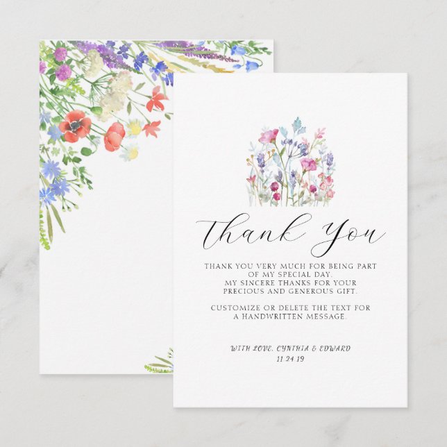 Elegant Summer Meadow Wildflowers Wedding Thank You Card (Front/Back)