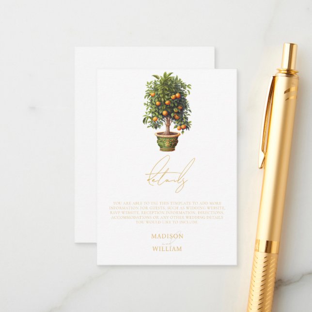 Elegant Summer Orange Fruit Wedding Details Enclosure Card (Front/Back In Situ)