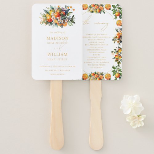 Elegant Summer Orange Fruit Wedding Program Hand Fan