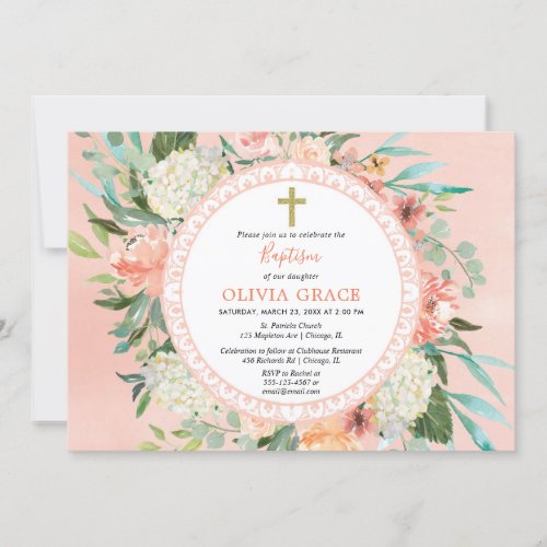 Elegant summer peach floral Baptism girl Invitation