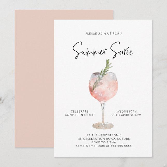 Elegant Summer Soiree Drinks Cocktail Party Pink Invitation (Front/Back)