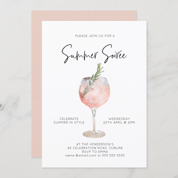 Elegant Summer Soiree Drinks Cocktail Party Pink Invitation | Zazzle