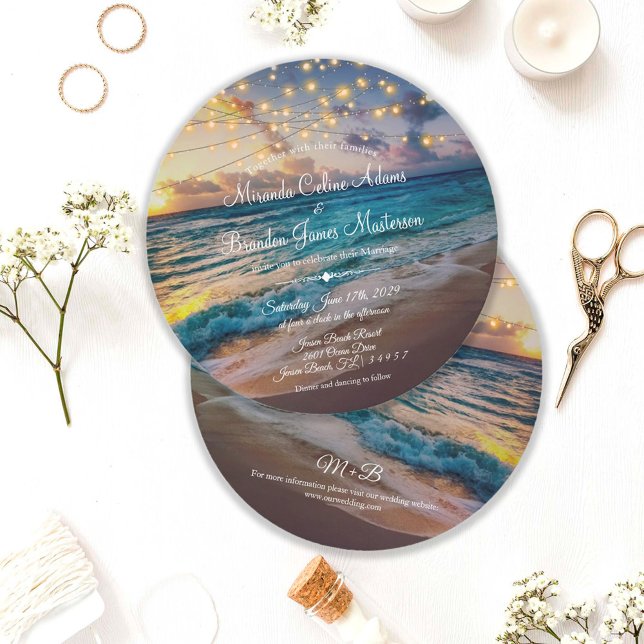 Elegant Summer Sunset Beach String Lights Wedding Invitation (Creator Uploaded)