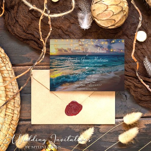 Elegant Summer Sunset Beach String Lights Wedding Invitation