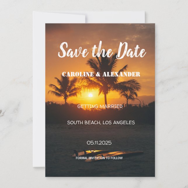 Elegant Summer Sunset Beach Tropical Wedding Save  The Date (Front)