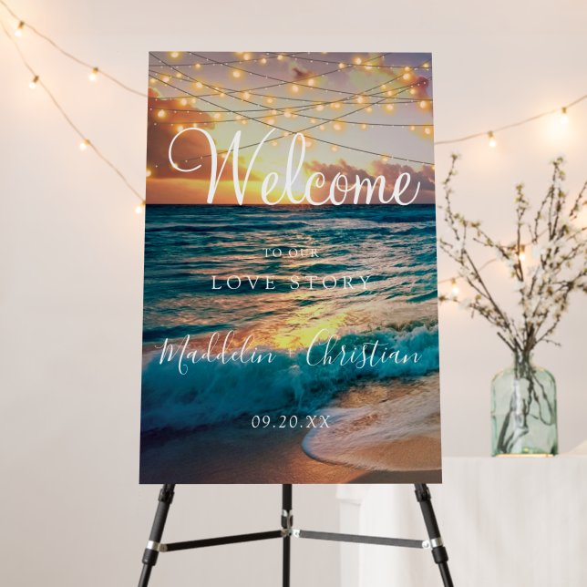 Elegant Summer Sunset Beach Wedding Welcome Sign (In Situ (Stand))