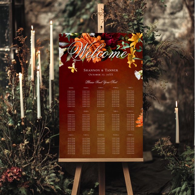 Elegant Summer Sunset Floral Wedding Seating Chart Foam Board (Dark Elegant Summer Sunset Floral Wedding Seating Chart)