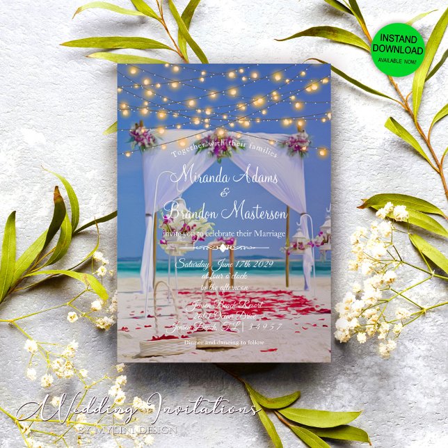Elegant Summer Sunset String Lights Beach Wedding Invitation (Creator Uploaded)