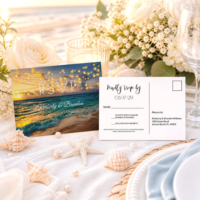 Elegant Summer Sunset Tropical Beach Wedding RSVP Postcard (Creator Uploaded)