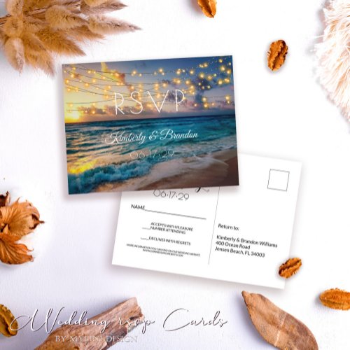 Elegant Summer Sunset Tropical Beach Wedding RSVP Postcard