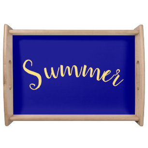 Elegant SUMMER Text Deep Navy Blue Background Serving Tray